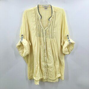 Gauzy Lemon Yellow Boho Top 32W Cotton Jacquard Embroidered Roll Tab Semi-Sheer